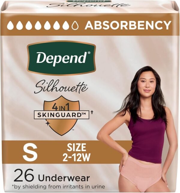 Depend Silhouette Adult Incontinence & Postpartum Bladder Leak Underwear for Women, Maximum Absorbency, Small, Pink, 26 Count, Packaging May Vary