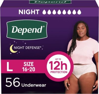 Depend Night Defense Incontinence Underwear for Women, Overnight Absorbency, Large (38–44" Waist), 56 Count (4 Packs of 14) (Packaging may vary)