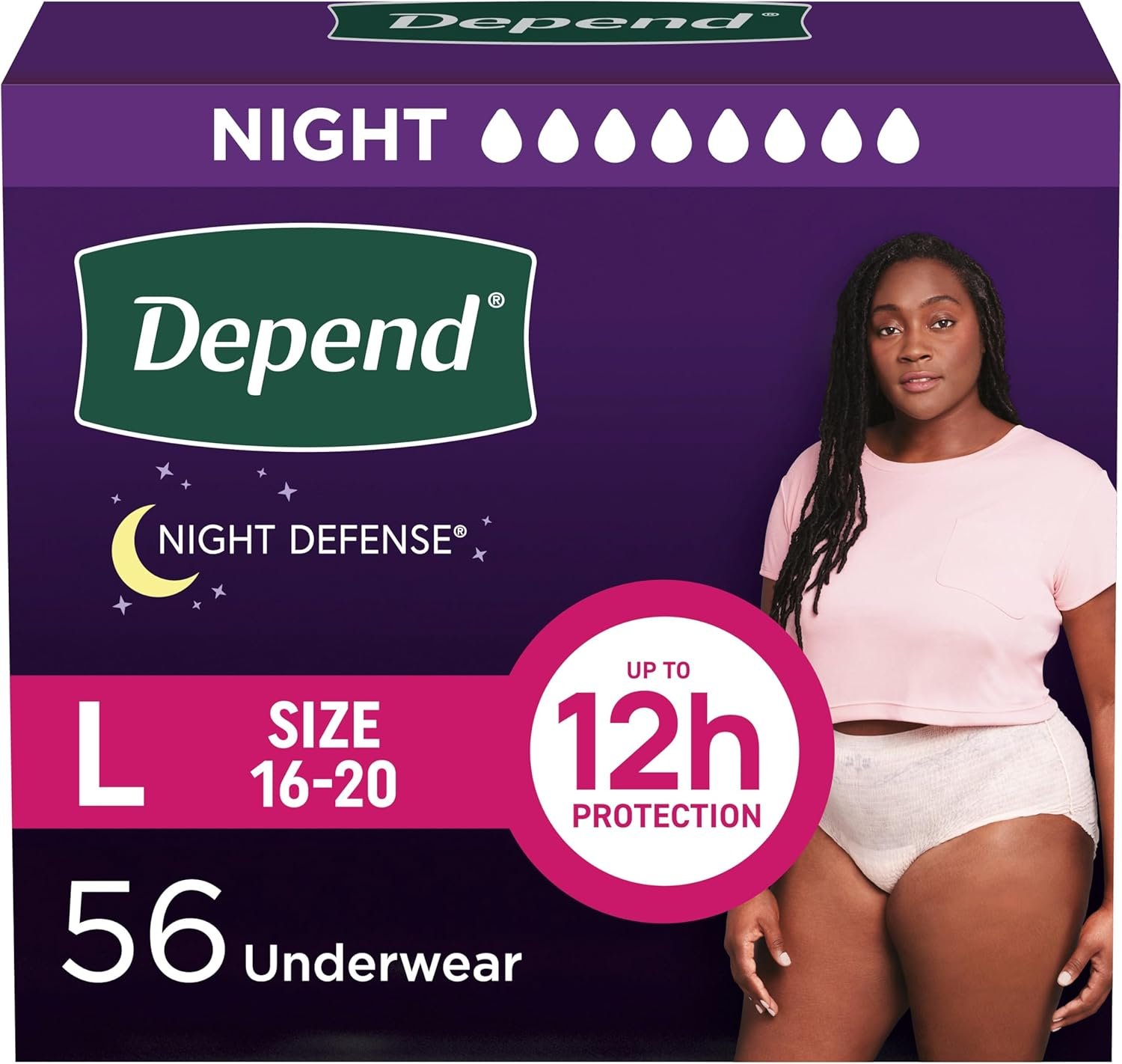 Depend Night Defense Incontinence Underwear for Women, Overnight Absorbency, Large (38β44" Waist), 56 Count (4 Packs of 14) (Packaging may vary)