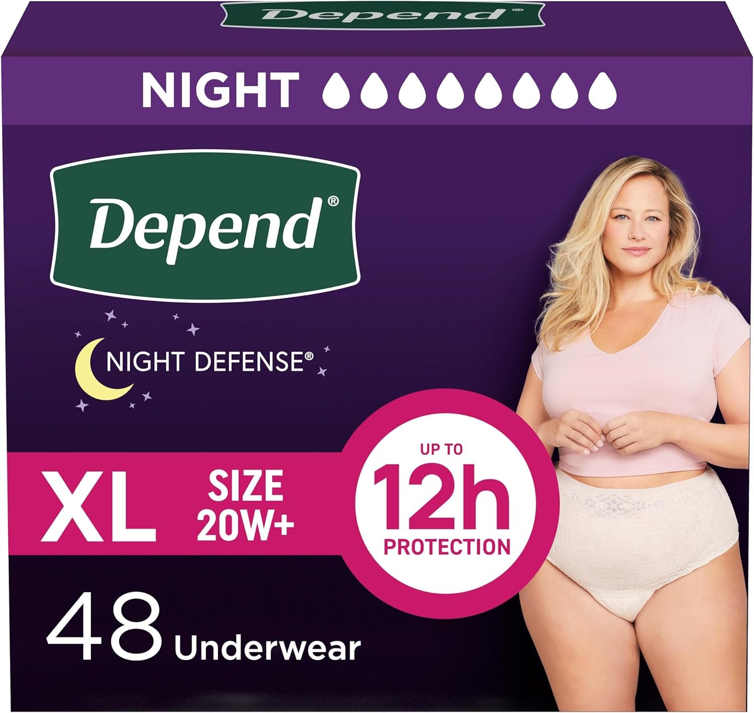 Depend Night Defense Incontinence Underwear for Women, Overnight Absorbency, Extra Large (45–54" Waist), 48 Count (4 Packs of 12) (Packaging may vary)