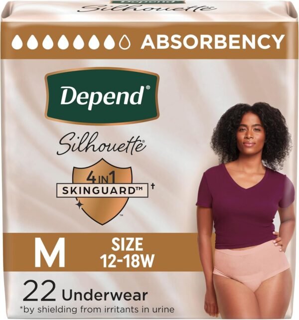 Depend Silhouette Adult Incontinence & Postpartum Bladder Leak Underwear for Women, Maximum Absorbency, Medium, Pink, 22 Count, Packaging May Vary