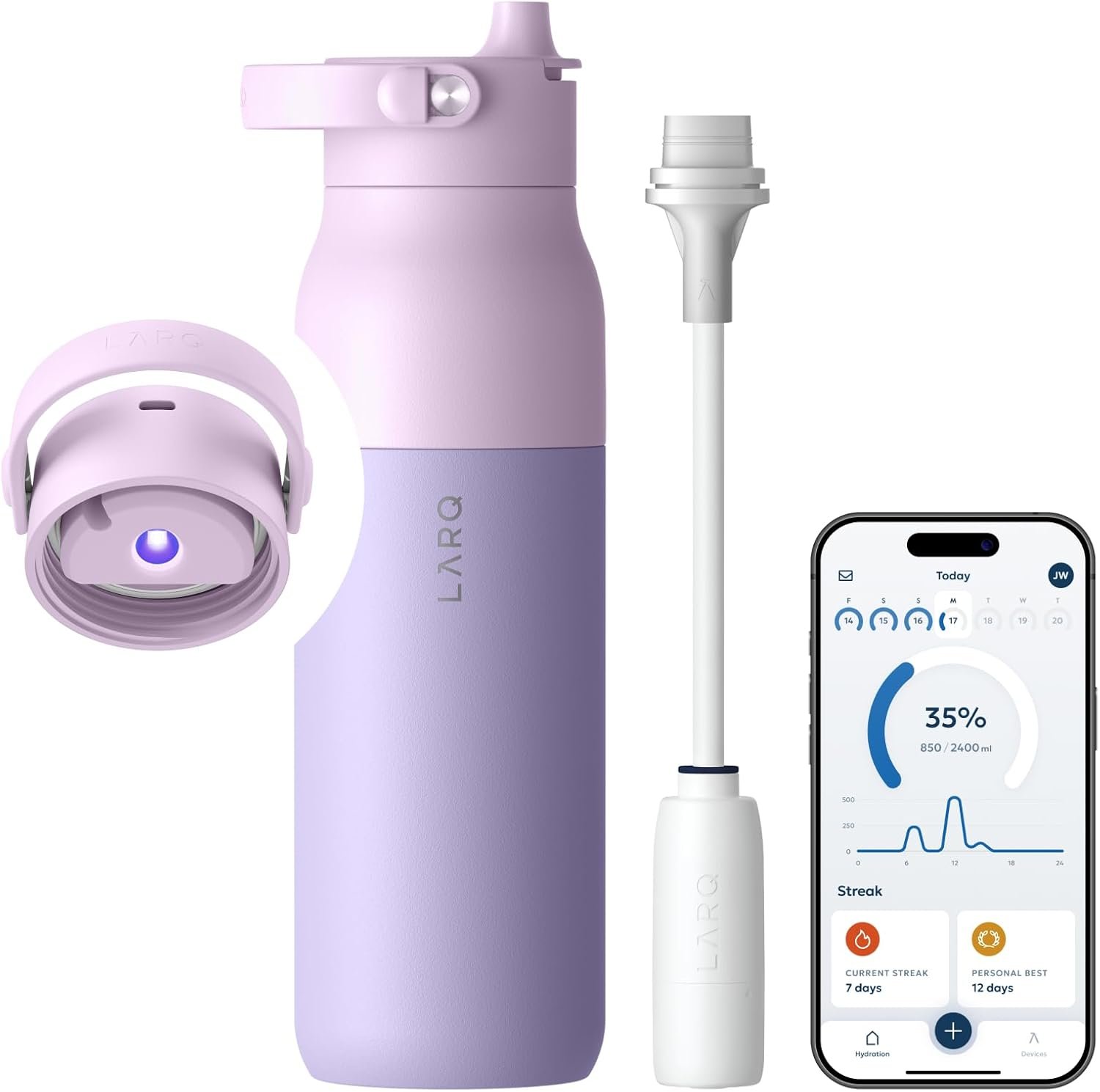LARQ PureVis 2 Self Cleaning Water Bottle - UV Water Purifier with Filter Straw, Smart App Hydration Tracking, Insulated Stainless Steel