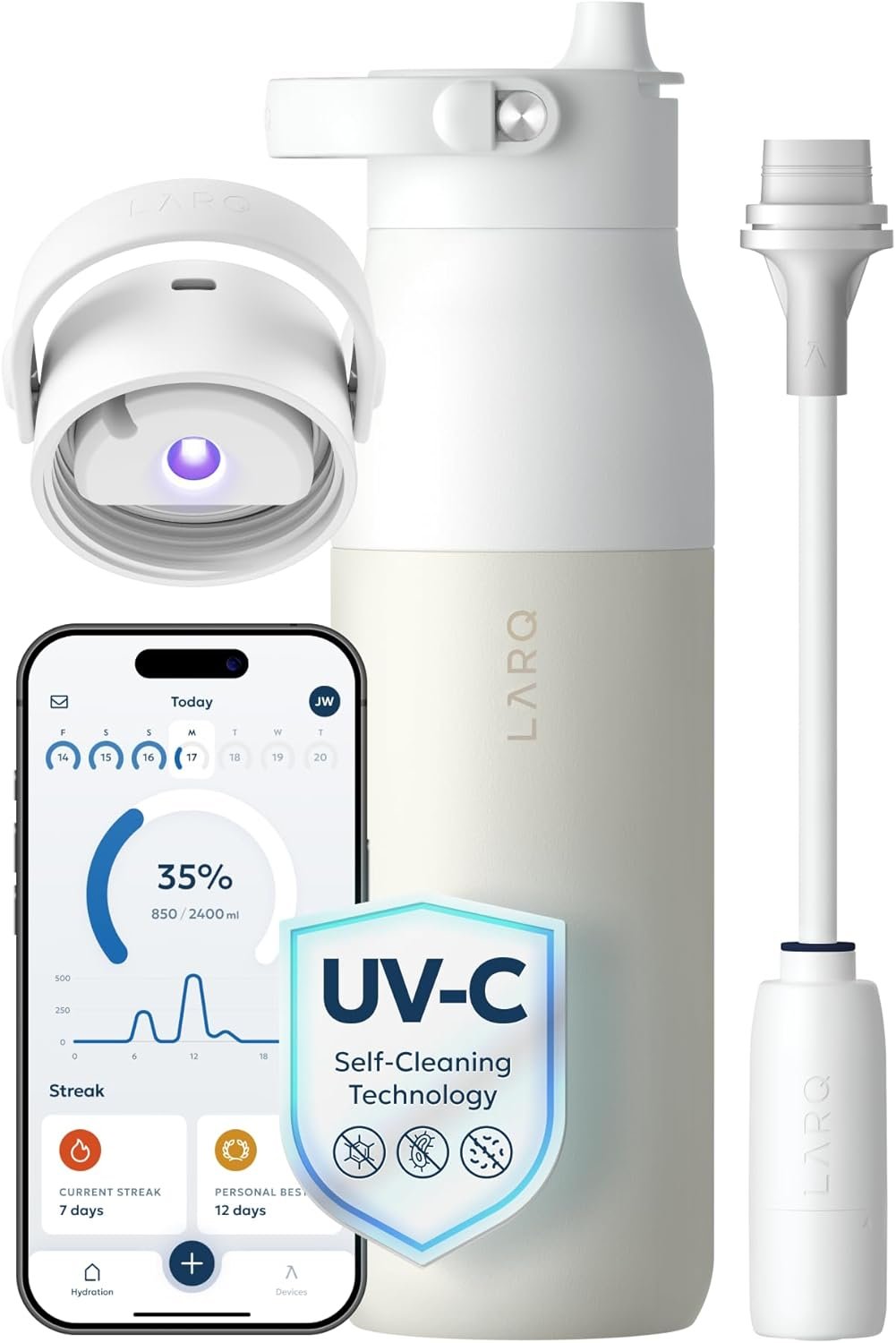 LARQ PureVis 2 Self Cleaning Water Bottle - UV Water Purifier with Filter Straw, Smart App Hydration Tracking, Insulated Stainless Steel