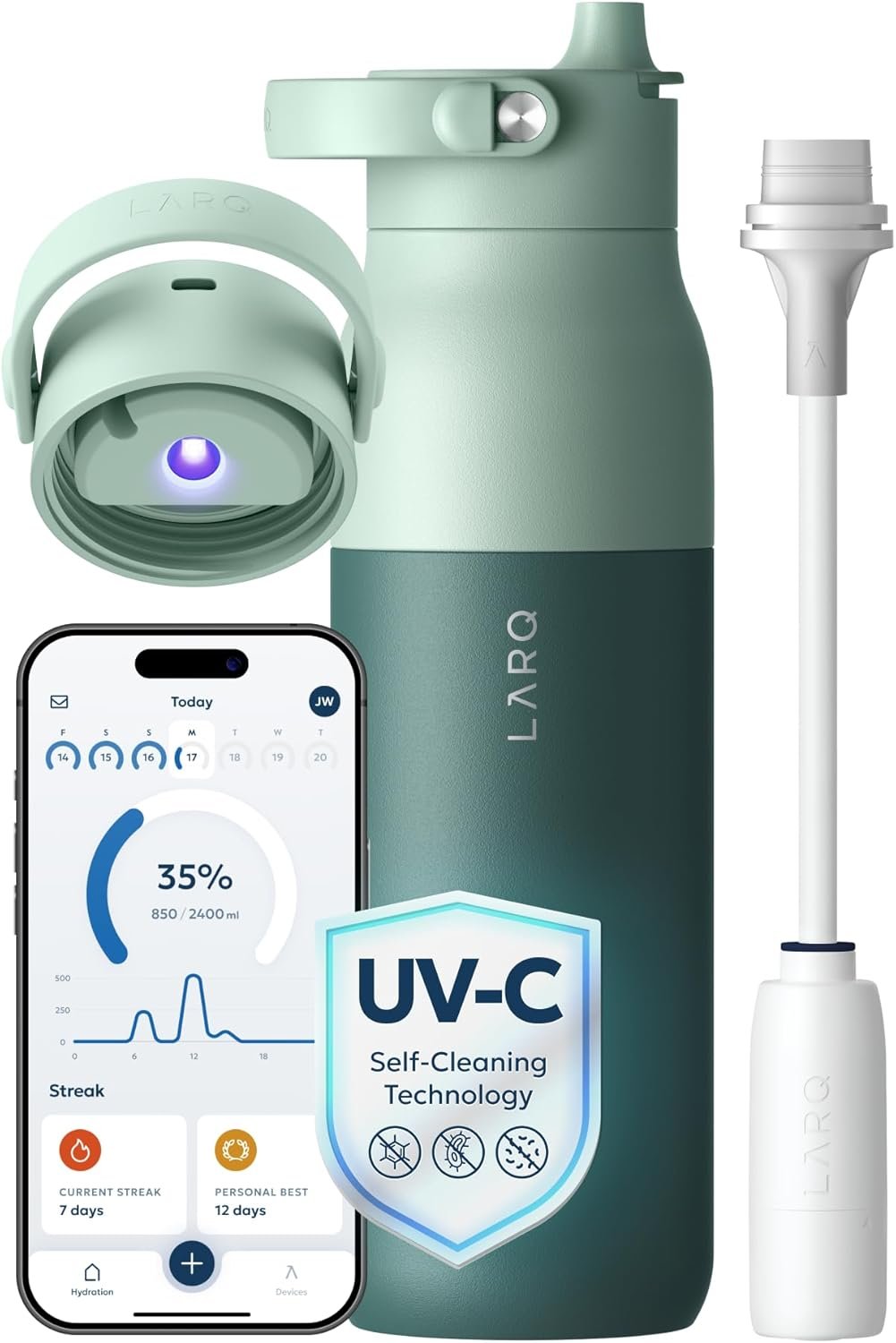 LARQ PureVis 2 Self Cleaning Water Bottle - UV Water Purifier with Filter Straw, Smart App Hydration Tracking, Insulated Stainless Steel