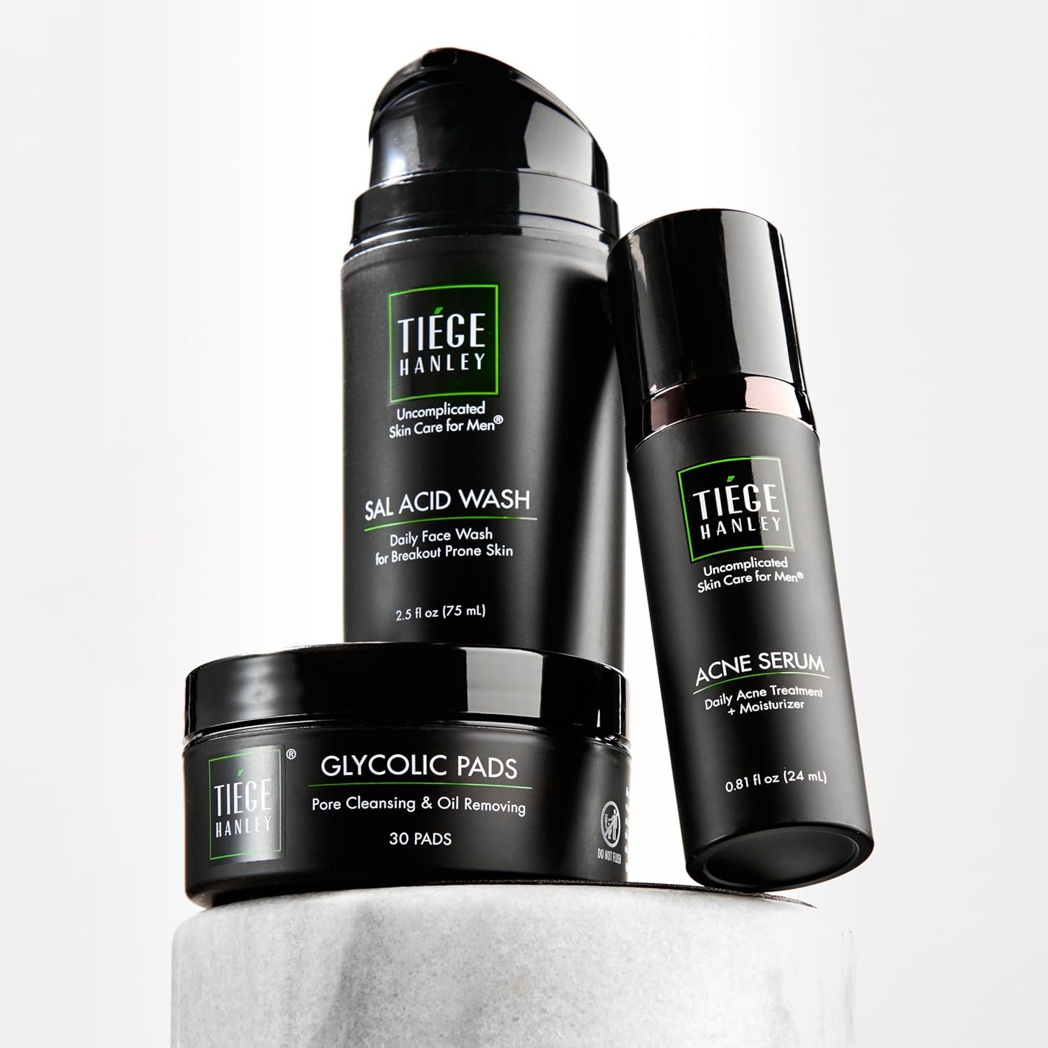 Tiege Hanley Acne Treatment Skin Care Set for Men, System Level 1, Tiegeclear Advanced Routine With Salicylic Acid Wash, Glycolic Acid Pads, and Serum, All Skin Types, Men’s Skin Care, 3 Piece Kit