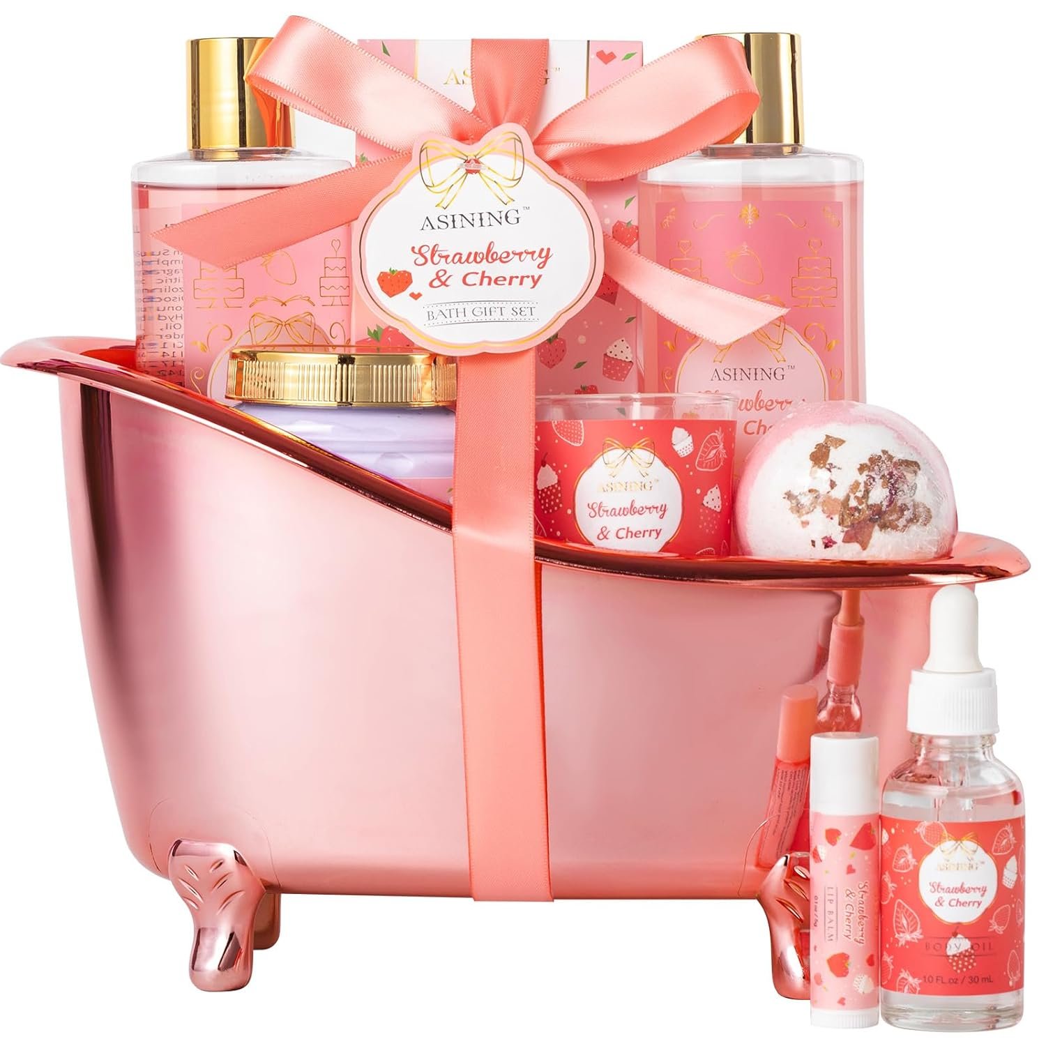 Gift Basket for Women, Strawberry Spa Baskets for Women Gifts, Beauty & Personal Care Set - Home Bath Pampering Package, Spa Self Care Kit, Teacher Appreciation, Thank You, Birthday, Mom Gift